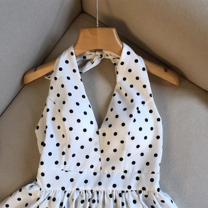 Backless Sexy Halter Beach Babydoll Crop Tops Women Polka Dots V Neck Sleeveless T Shirt Ruffles Basic Tees Not-Padded Pad