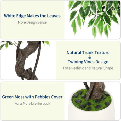 Artificial Ficus Tree Indoor Outdoor Fake Ficus Tree with Pebbles & Green Fake Moss, Pot Faux Tree for Office Home Decor