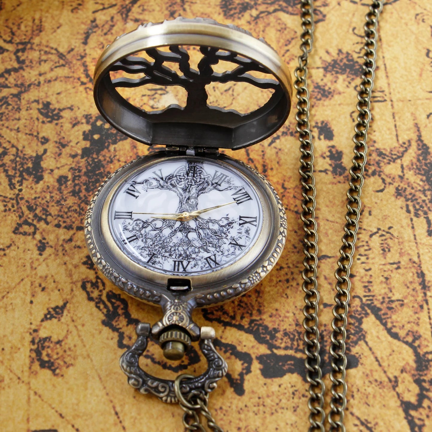 Steampunk Retro Bronze Hollow Tree of Life Quartz Pocket Watch With Fob Chain Women Watch Pendant Necklace Chain Men Gift CF1088