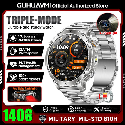 2026 New Military 1400mAh Battery Smart Watch Men Outdoor Flashlight 10ATM Waterproof Heart Rate Bluetooth Call Sports Bracelets