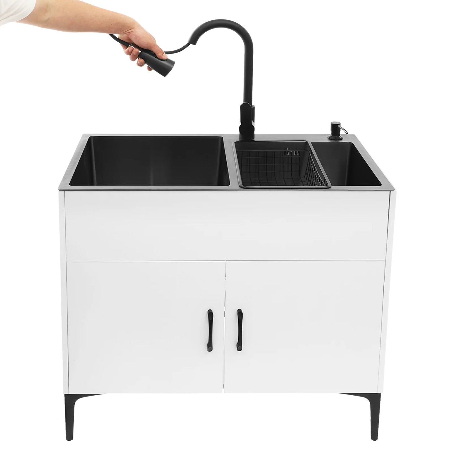 Laundry Sink with Cabinet Sink with Pull-Out Faucet and Cabinet Freestanding Kitchen Sink