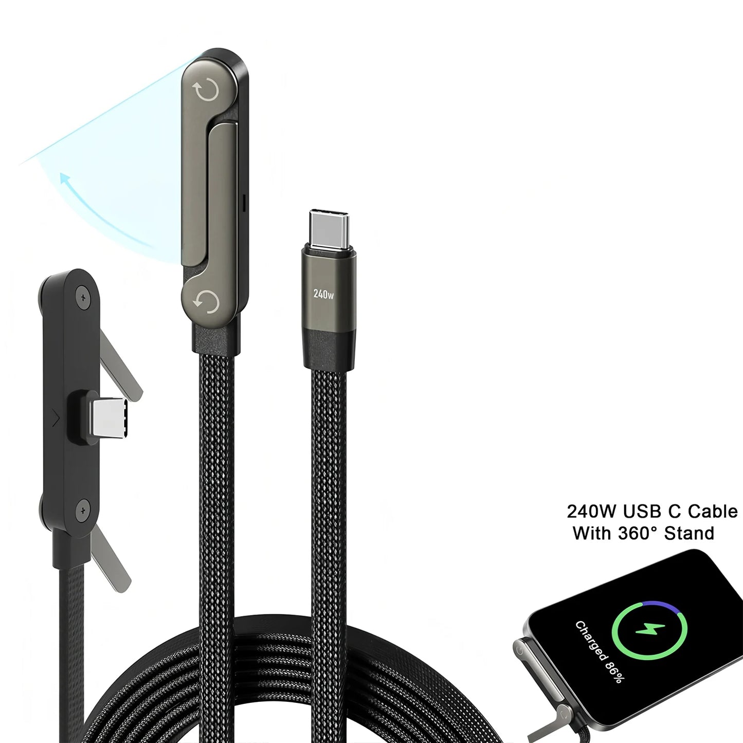 USB Type C Flat Charger Charging Cable C Kick Cable Stand Invisible Support Foldable Phone Holder 240W Charge Bracket For iPhone