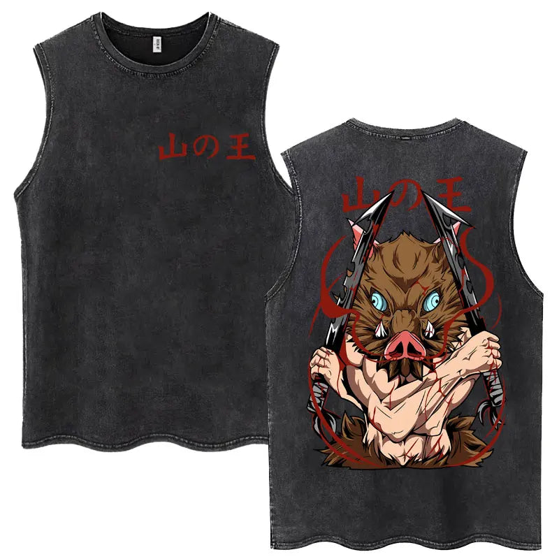 Washed Anime Demon Slayer Hashibira Inosuke Mask Face Tank Tops Men Women Vintage Fashion Cotton Sleeveless T Shirts Streetwear