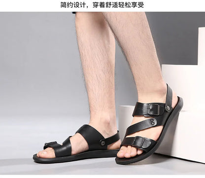 Fashion Sandals Male Solid Color PU Leather Men Shoes Summer Comfortable Open Toe Leather Mens Sandals Beach Leather Footwear