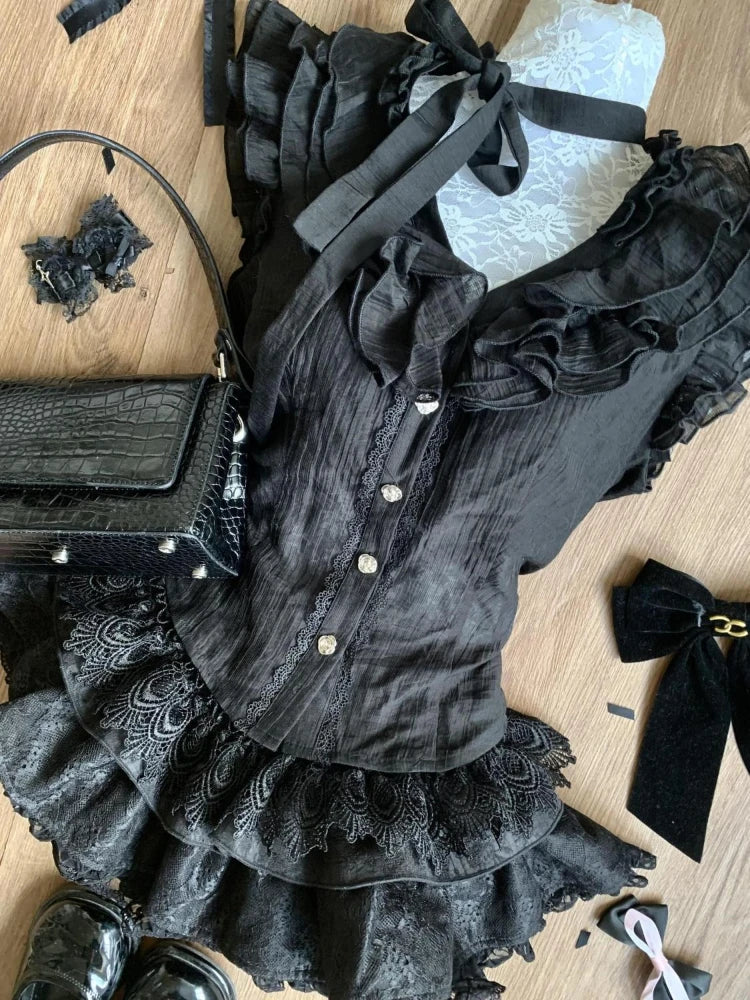 Summer Sweet Preppy Style 2 Piece Sets Women Y2k Kawaii Lolita Design Tops + High Waist Chic Skirt Female Princess Retro Outfits