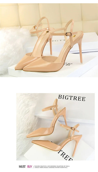 Women High Heels Sandals Metallic Gray Patent Leather Stripper Ankle Strap Wedding Nightclub Pointed Toe Party Valentine 86-1