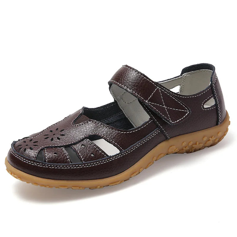 WOIZGIC Female Ladeis Mother Women's Genuine Leather Loater Flats Sandals Shoes Summer Cool Soft Outside Beach