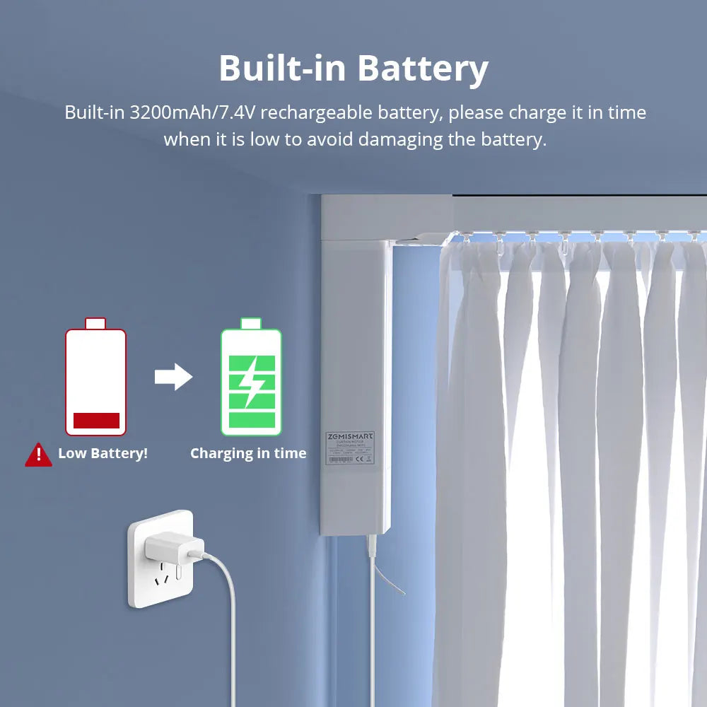 Zemismart Zigbee Rechargeable Electric Curtain Motor with Customized Slide Curtain Track Works with Tuya Alexa Google Home