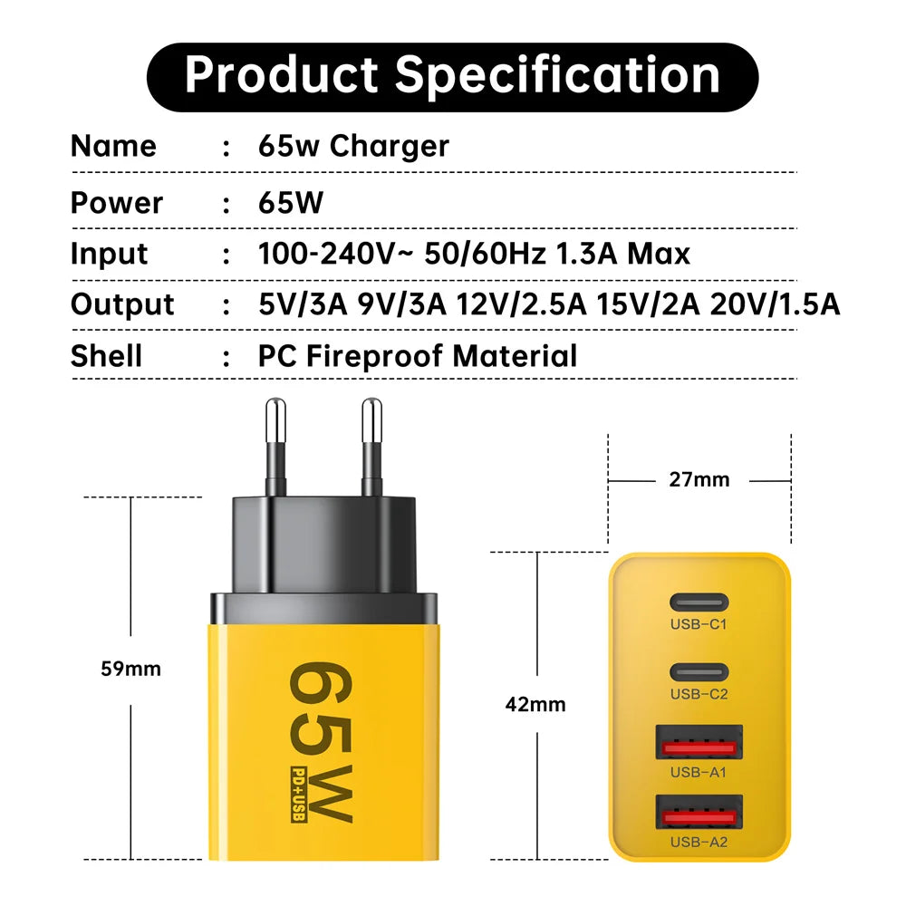AU Plug USB Type C Fast Charger 65W PD Quick Charge Wall Adapter for iPhone Samsung Xiaomi Redmi Mobile Phone USB Charger EU UK