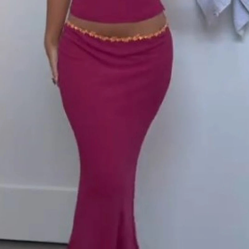 Elegant Chiffon Tops Skirt Set Women Stylish Floral Strap Off Shoulder Halter Crop Top Maxi Skirt Summer Beach Vacation Outfit