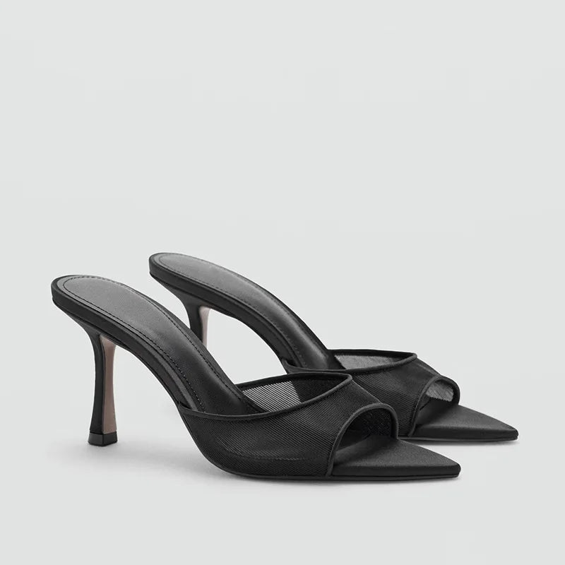 2026 New Women Black Mesh Mules Stiletto Heel Pointed Toe Slip-on Lightweight Breathable Office Party Comfortable Shoes
