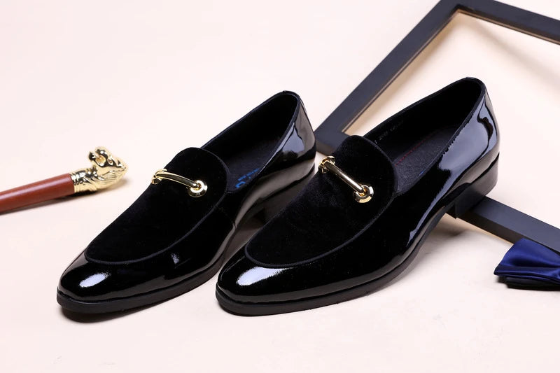 Mens Formal Navy Blue Velvet Patent Leather Loafers With Gold Horsebit Accent Flat Heel Comfortable Non Slip Breathable Business