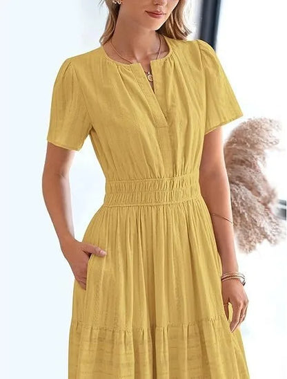Summer Solid Color V-neck Tight Waist Dress French Style Elegant Pleated Large Swing Long Dress Casual Vacation Style Slimming M