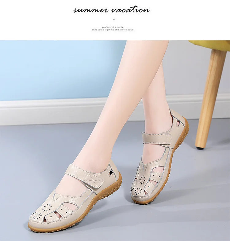 WOIZGIC Female Ladeis Mother Women's Genuine Leather Loater Flats Sandals Shoes Summer Cool Soft Outside Beach