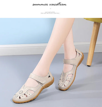 WOIZGIC Female Ladeis Mother Women's Genuine Leather Loater Flats Sandals Shoes Summer Cool Soft Outside Beach