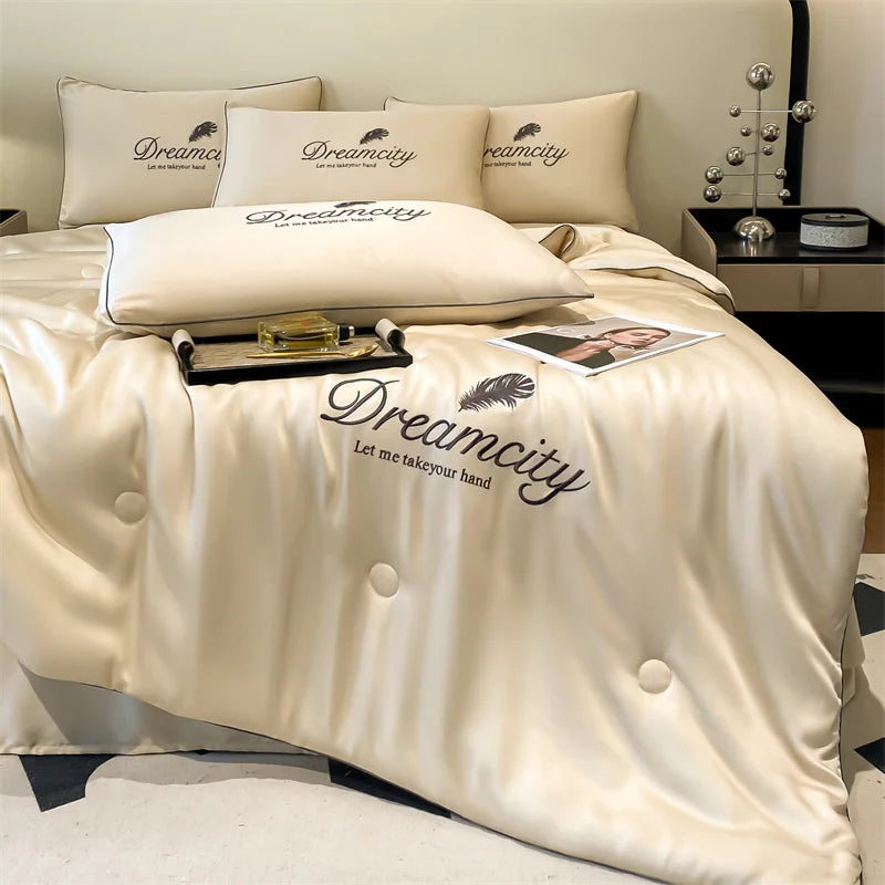 Ultra Soft Cooling Ice Silk Summer Quilt Blanket, Queen King Size Embroidered Breathable Nap Comforter, Lightweight Skin Friendly Air Conditioner Quilt