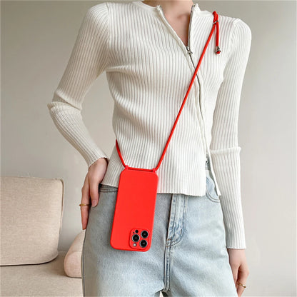 Crossbody Necklace Lanyard Cord Strap Liquid Silicone Case For iPhone 17 16 15 13 11 12 14 Pro Max XS XR X Plus Soft Candy Cover