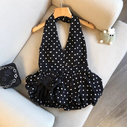 Backless Sexy Halter Beach Babydoll Crop Tops Women Polka Dots V Neck Sleeveless T Shirt Ruffles Basic Tees Not-Padded Pad