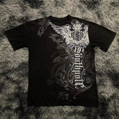Classic Y2K Gothic Style T-shirt Print Oversized T Shirt High Street Shirts Gothic Round Neck Cotton Tops New Mens Women T Shirt