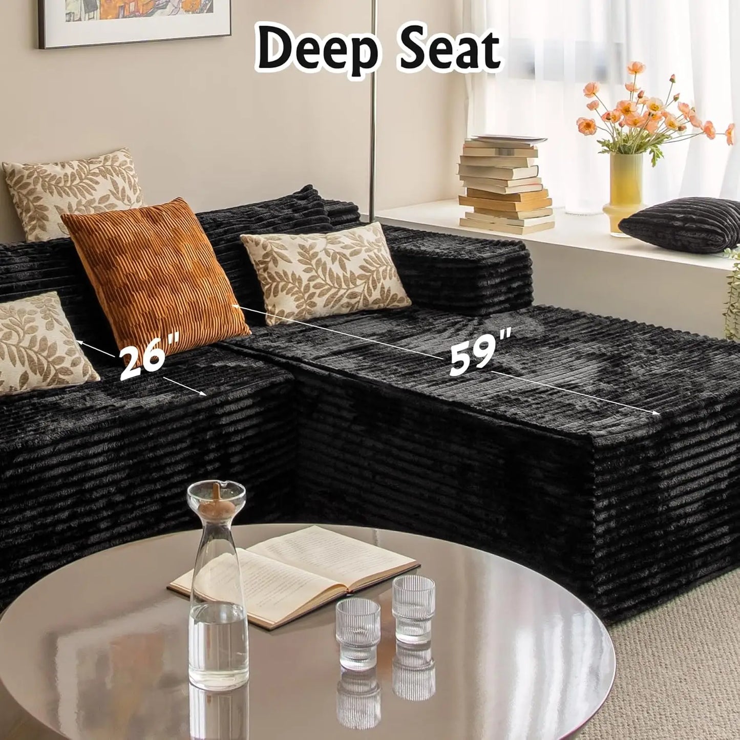 104" L-Shape Corduroy Sectional Sofa Deep Seat Chaise Living Room No Assembly Required, Custom