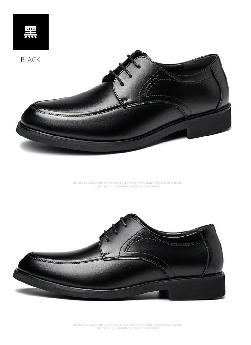 Mens Black Genuine Leather Lace Up Chunky Platform Oxfords Formal Business Office Groom Wedding Daily Wear Shoes Fashion Simple