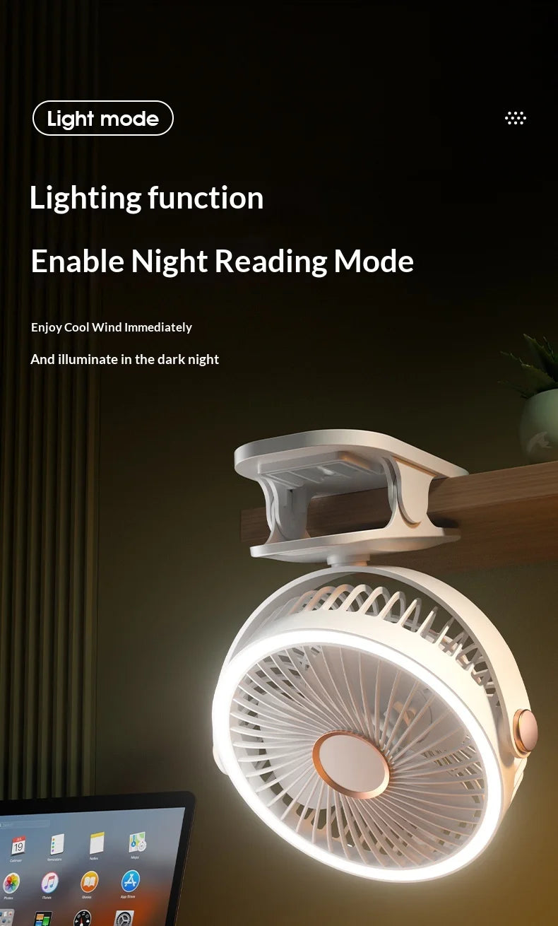 Portable Clip On Fan With LED Light, 720° Rotation Mini USB Rechargeable Fan, 5 Speed Quiet Cooling Fan For Home Office Camping