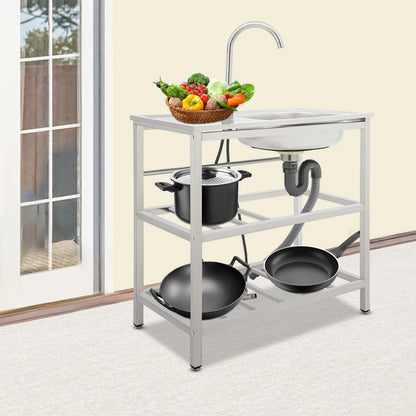 Stainless Steel Freestanding Outdoor Kitchen Sink with Faucet Worktable and Storage Rack Cold Hot Water Adjustable Feet