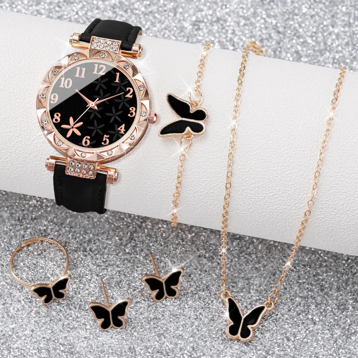 5/6PCS Fashion Rhinestone Women Watches Casual Leather Band Quartz Watch for Women Clock Jewelry Set Reloj Mujer（Without Box）
