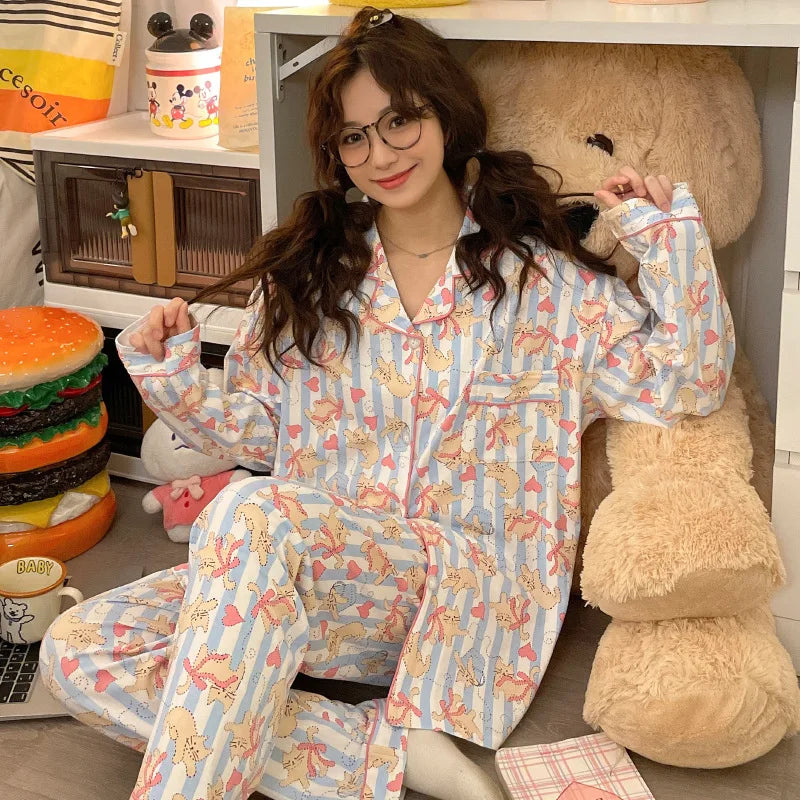 Korean Style Long-Sleeved Pajamas Set for Women Spring Autumn Homewear Comfortable Ladies Sleepwear Student Senior Casual Outfit