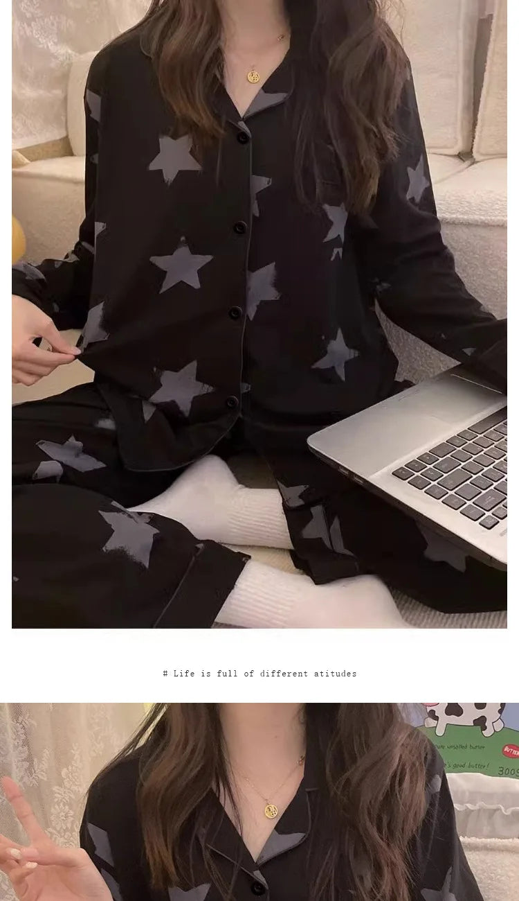 Korean Style Long-Sleeved Pajamas Set for Women Spring Autumn Homewear Comfortable Ladies Sleepwear Student Senior Casual Outfit