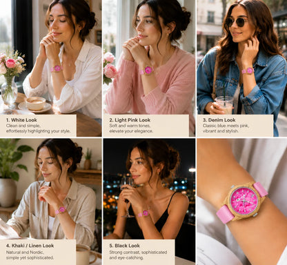 Women's Pink Wooden Watch Luxury Fashion Wristwatch Gift for Girls Elegant Quartz Watch with Silicone Strap Support Dropship