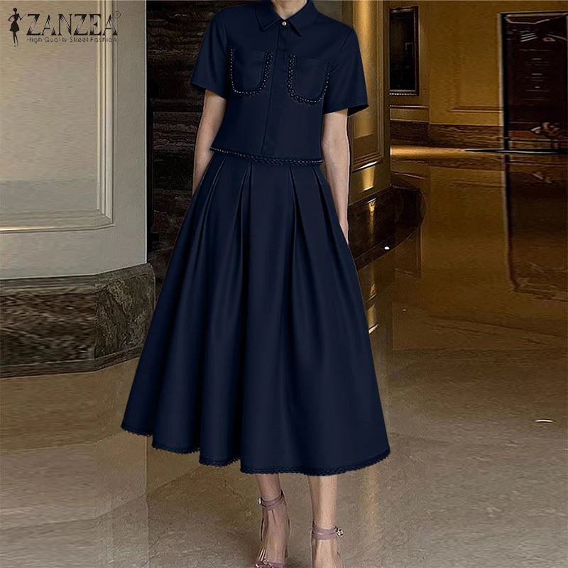 ZANZEA Womens Casual 2 Piece Sets Lace Trim Short Sleeve Crop Tops A-line Midi Skirts 2PCS Outfits Elegant Commute Skirt Sets