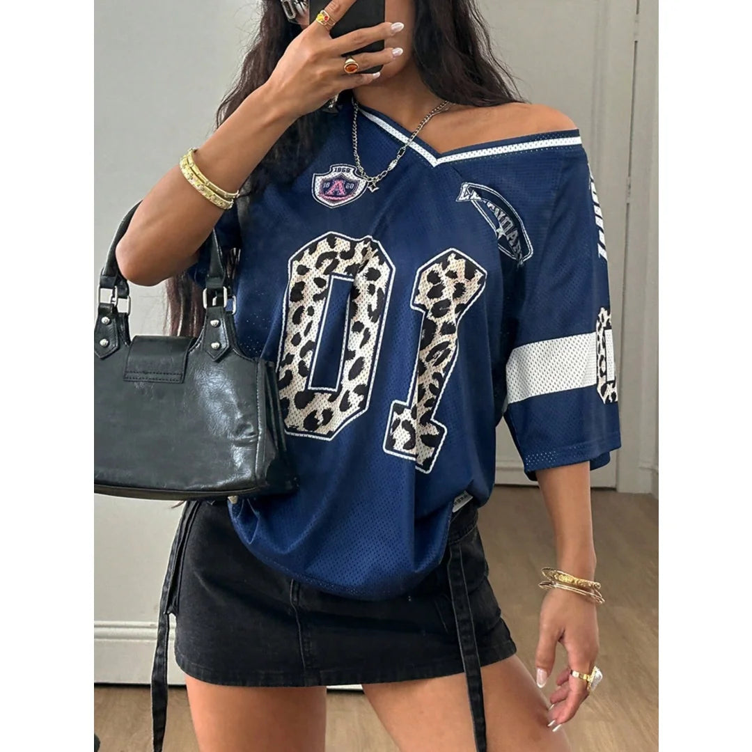 Women's Summer Going Out Streetwear Y2K Leopard Print Number Graphic Jersey Short Sleeve V Neck T Shirt Sporty Casual Tops