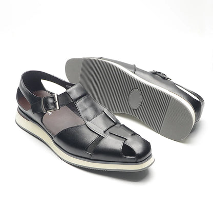 XEBOS Men's Sandals Genuine Leather Cowhide Summer Outdoor Flat Shoes Casual Sneakers Buckle Strap Black Brown Male Footwear