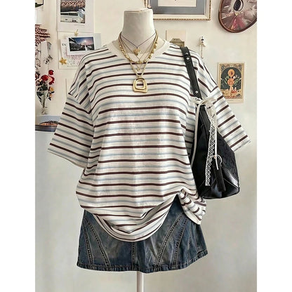 New Y2K Striped Digital Print Casual Oversized Mid-Length Round Neck Drop Shoulder Women Tshirt Street Fashion Casual Sports Top