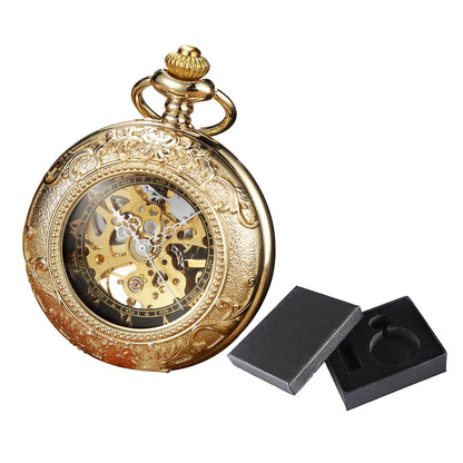 Vintage Skeleton Mechanical Pocket Watch Engraved Floral Design Hand Wind Fob Watch With Chain For Men Women Luxury Antique Gift