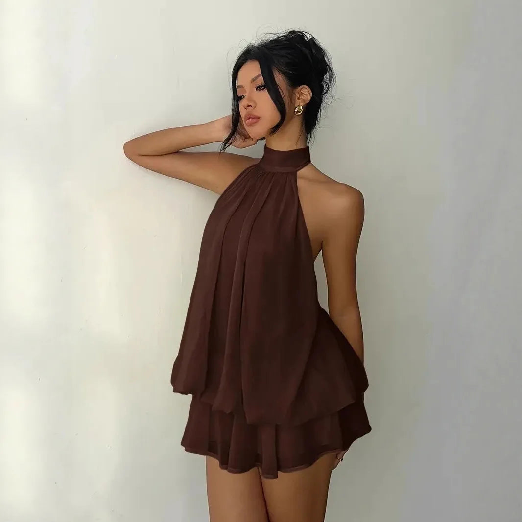 2026 Women's Elegant Halter Neck Sleeveless Ruffled Layered Chiffon Mini Dress Casual Summer Party Dress for Beach Vacation Y2K