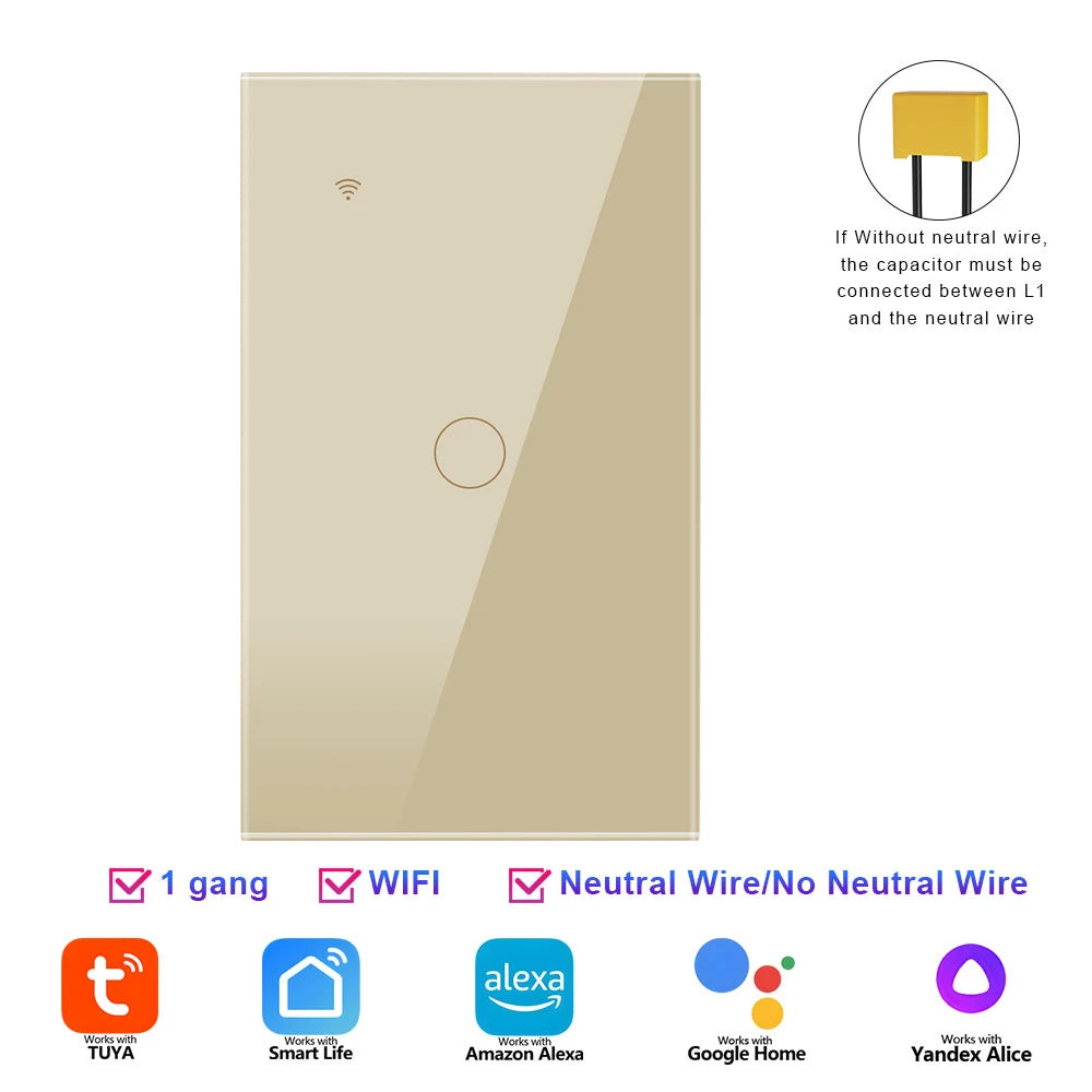 Smart WiFi Switch Single Neutral Wire Universal Touch Control Tuya APP Alexa Google Home Compatible Gold Gray