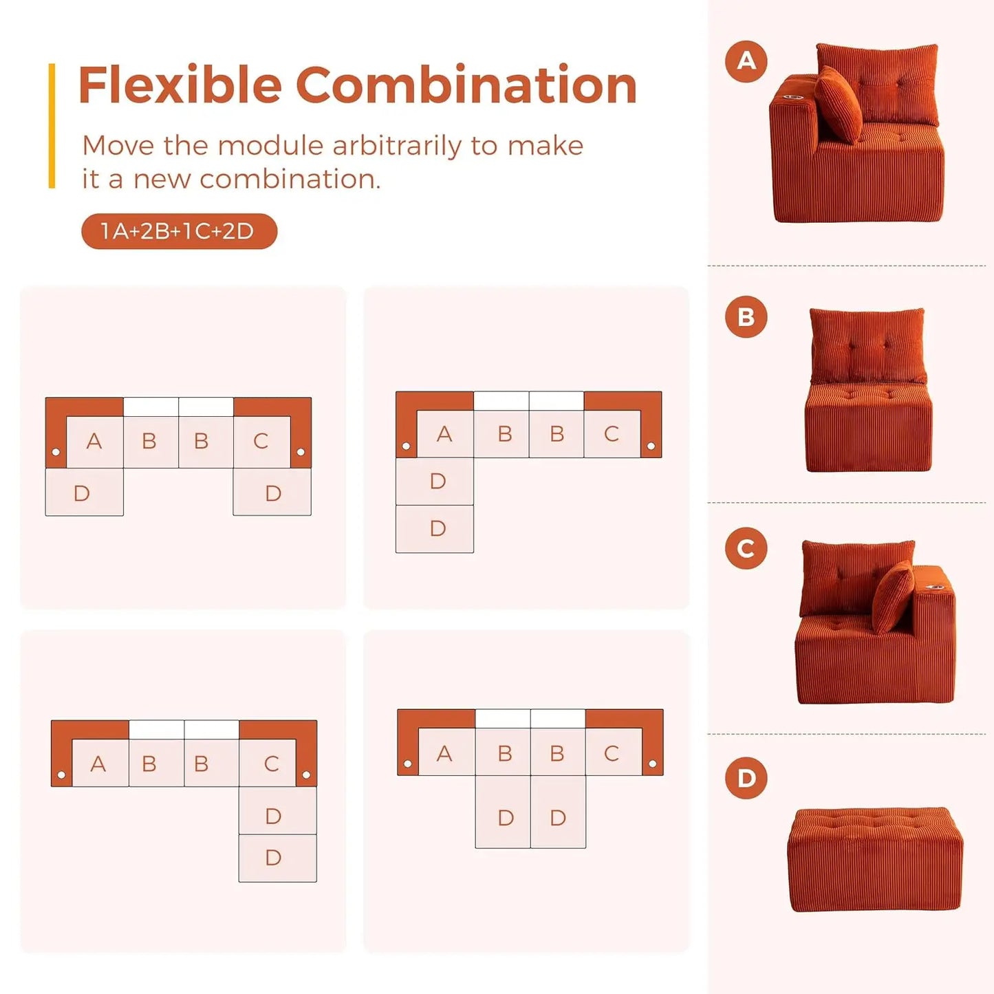 129.5" U Shaped Modular Sectional Sofa 2 Ottomans Tufted 6 Seat Cloud Sleeper Chair Living Room No Assembly, Custom