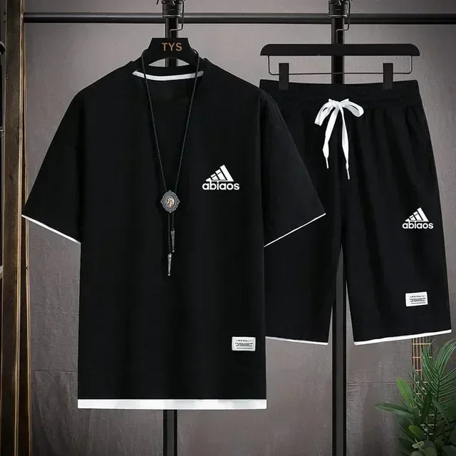 Men's casual short sleeved T-shirt and sports shorts, breathable comfortable running waffle set, summer fashion, 2026