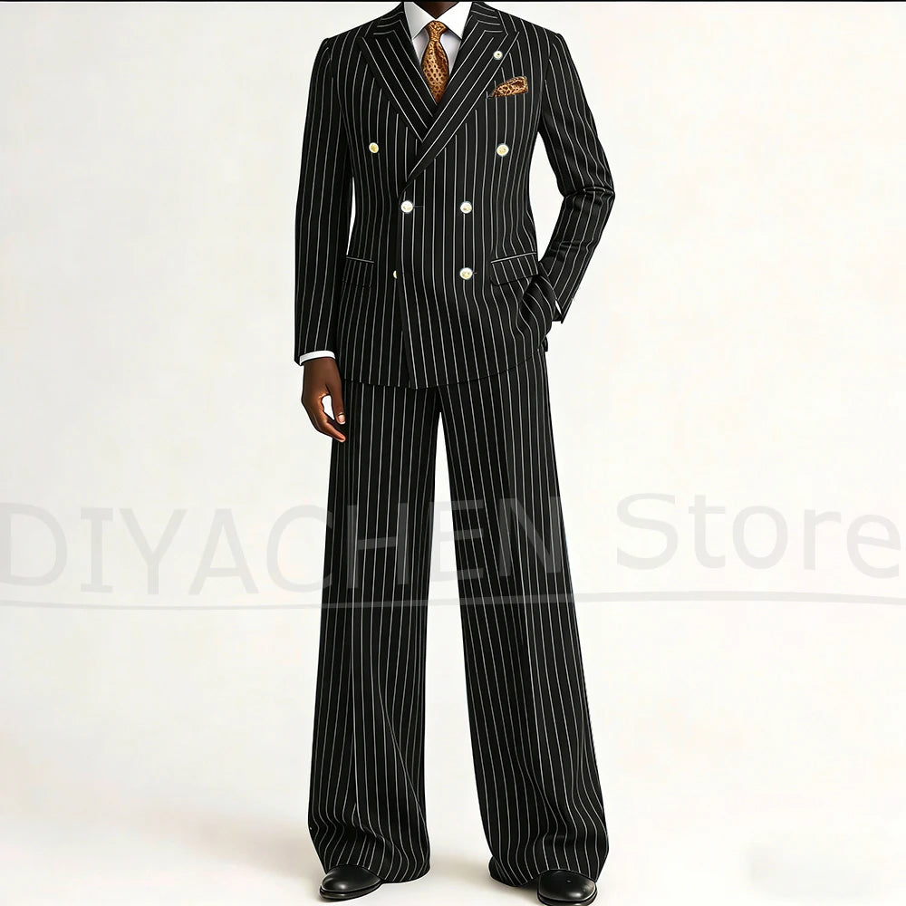 Men's Striped Double Breasted Suit Set Fashion Peak Lapel Formal Outfits 2 Piece Wedding Business Events Casual Male Suit