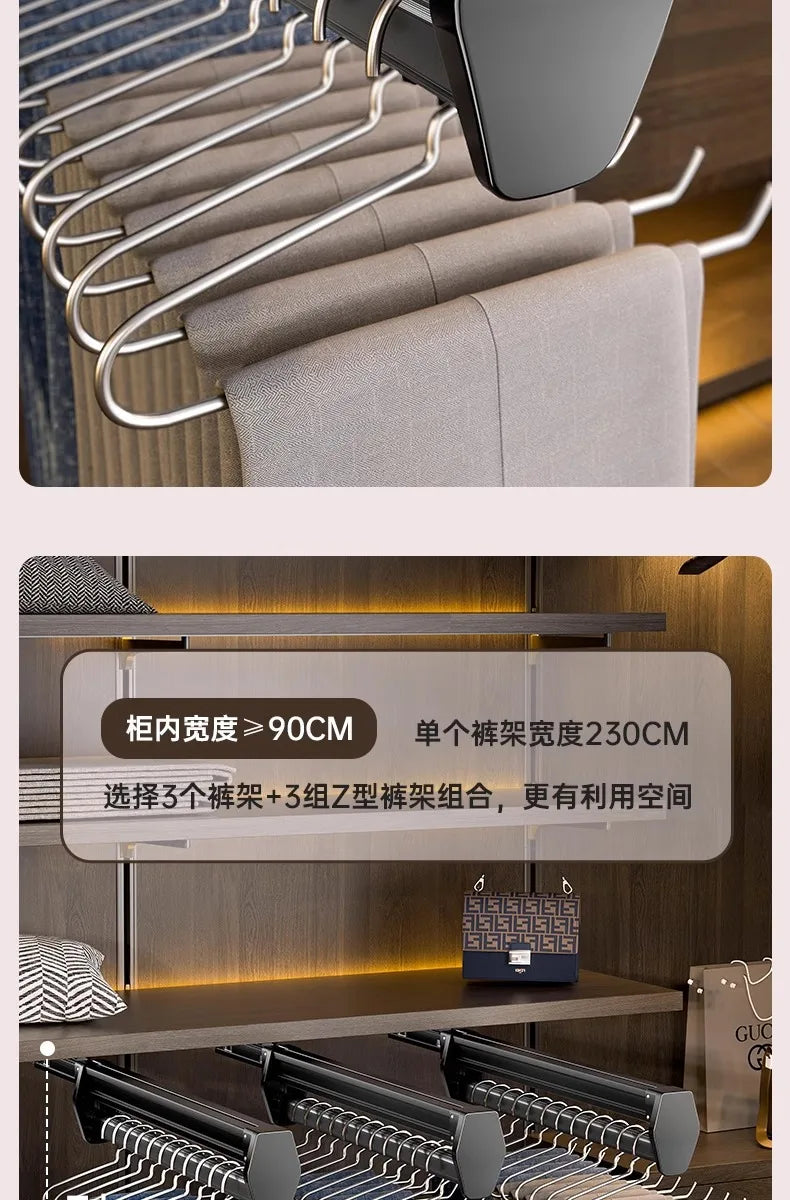 Multifunctional Wardrobe Trouser Hanger with Built-In Telescopic Pants Storage Pull-Out Clothes Rail Shelf Wardrobe Organizer