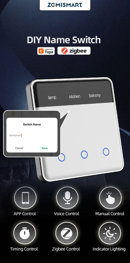 Zemismart DIY Name Switch EU Type Zigbee Smart Display Screen Touch Light Switch Works with Tuya Alexa Google Home Voice Control