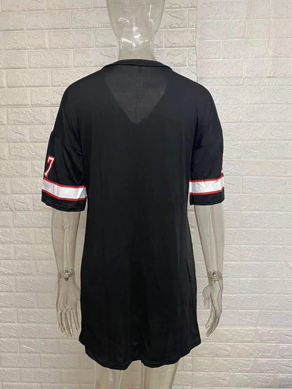 2025 New Fashion V-Neck Queen Letters Print Dress Short Sleeve Basketball Sporty Style Sexy Loose Female Clothing Streetwear