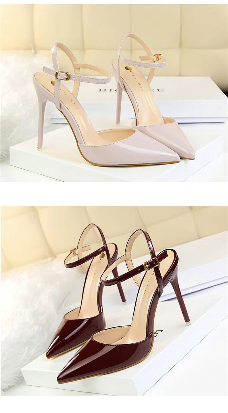 Women High Heels Sandals Metallic Gray Patent Leather Stripper Ankle Strap Wedding Nightclub Pointed Toe Party Valentine 86-1