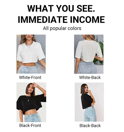 Black White Crop T-Shirt Women Cotton Soft Trendy Short Sleeve Crewneck All-Match Clothes Summer Casual Navel Exposed Tees