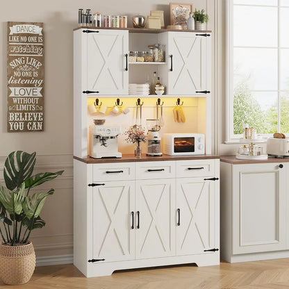 70.9" Tall Kitchen Pantry Cabinet with LED Light & Charging Station, Farmhouse Kitchen Hutch with Large Countertop & 10, Custom