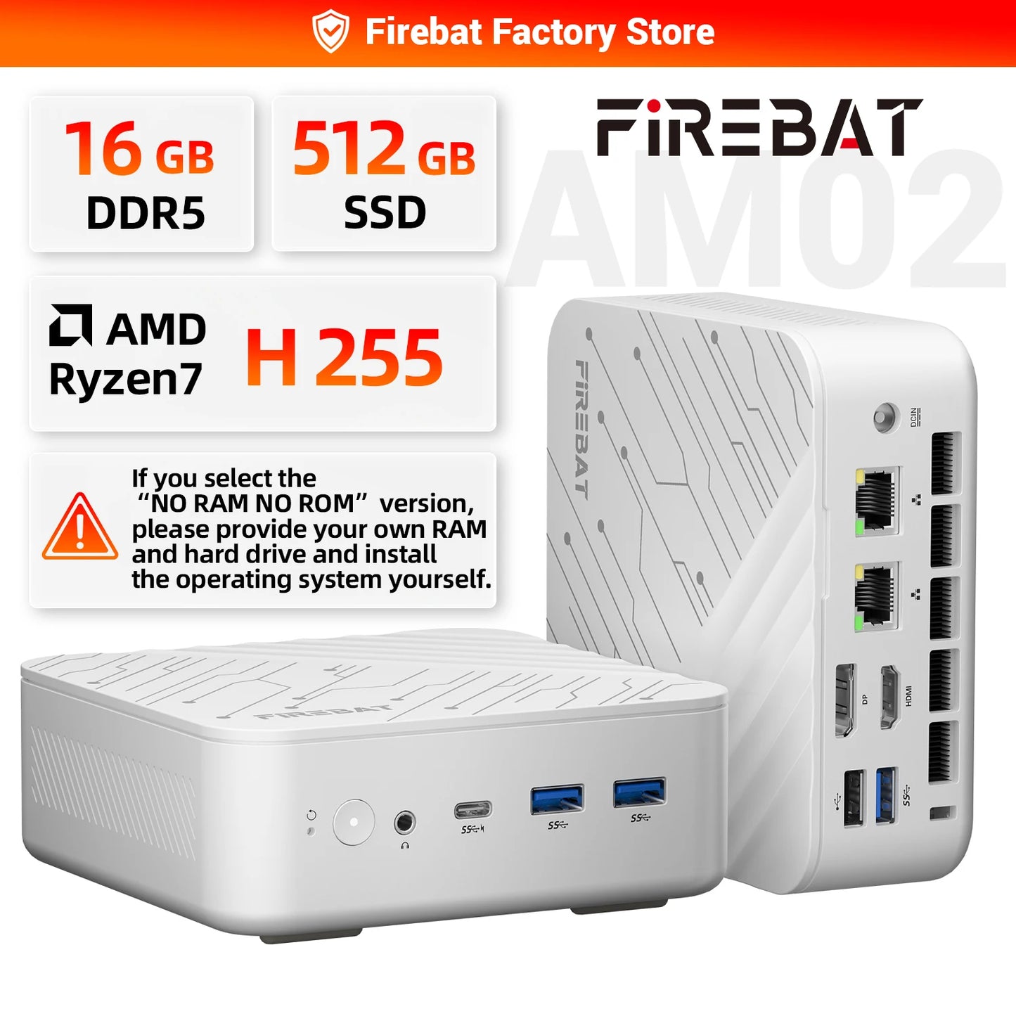 FIREBAT AM02 AMD Ryzen7 H 255 Mini PC 16GB DDR5 RAM 512GB SSD WIFI6 BT5.2 4A1C Dual RJ45 3*4K Display Compact Gaming Computer