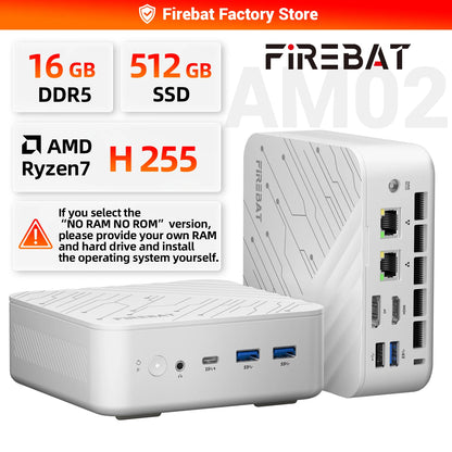 FIREBAT AM02 AMD Ryzen7 H 255 Mini PC 16GB DDR5 RAM 512GB SSD WIFI6 BT5.2 4A1C Dual RJ45 3*4K Display Compact Gaming Computer
