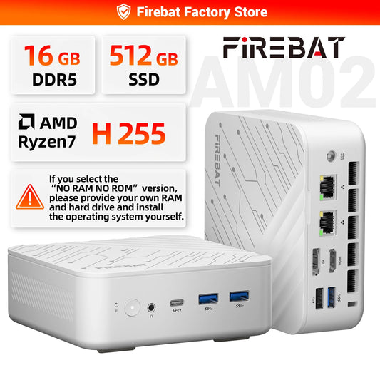 FIREBAT AM02 AMD Ryzen7 H 255 Mini PC 16GB DDR5 RAM 512GB SSD WIFI6 BT5.2 4A1C Dual RJ45 3*4K Display Compact Gaming Computer